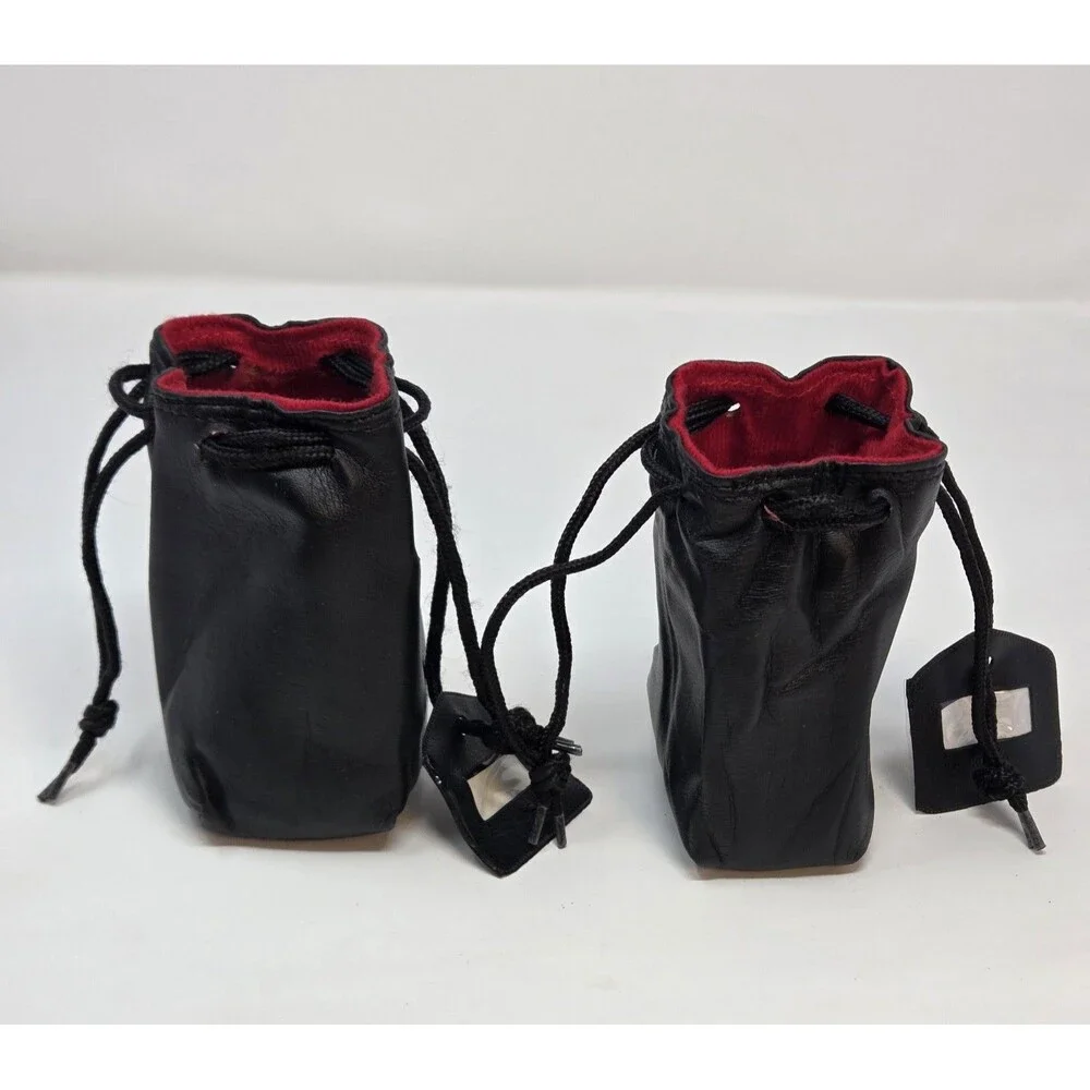 Vintage Black Leather Drawstring Camera Lens Pouches Red Lined Pair Made Korea